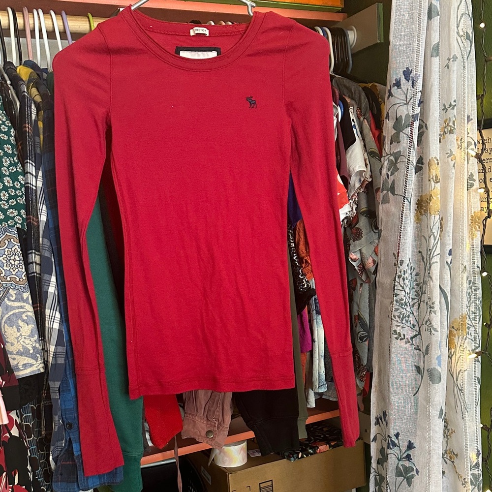 Abercrombie & Fitch Red Long Sleeve Crew Top with Logo